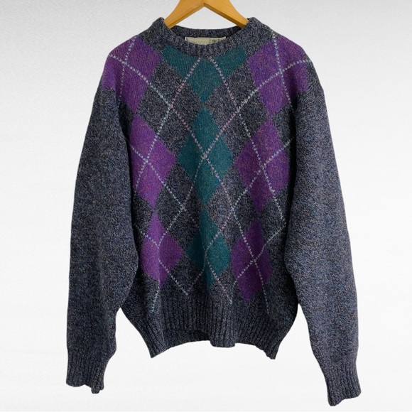VINTAGEChristopher HayesShetland Wool Geometric Argyle Gray Purple Sweater